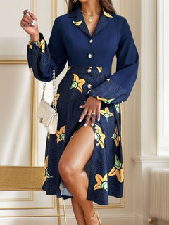 Printed Collared Neck Long Sleeve Dress